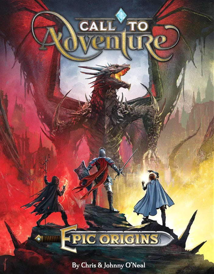 Call to Adventure Epic Origins board game box cover featuring heroes facing a dragon
